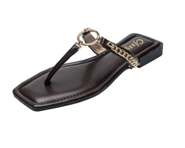 Fashion Chain Round Buckle Flip Flops Womens Low Heels Sandals Women DealSniper.net Dark brown 37