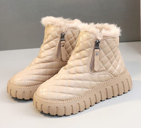 Women's Plaid Pattern Platform Ankle Boots Casual Side Zipper Plush Lined Snow Boots Winter Comfortable Short Boots Women DealSniper.net Khaki Size35