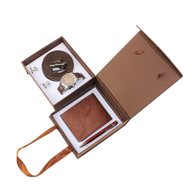 Men's Creative Packed Gift Box Watches Set Quartz Wrist Watch Men DealSniper.net Brown
