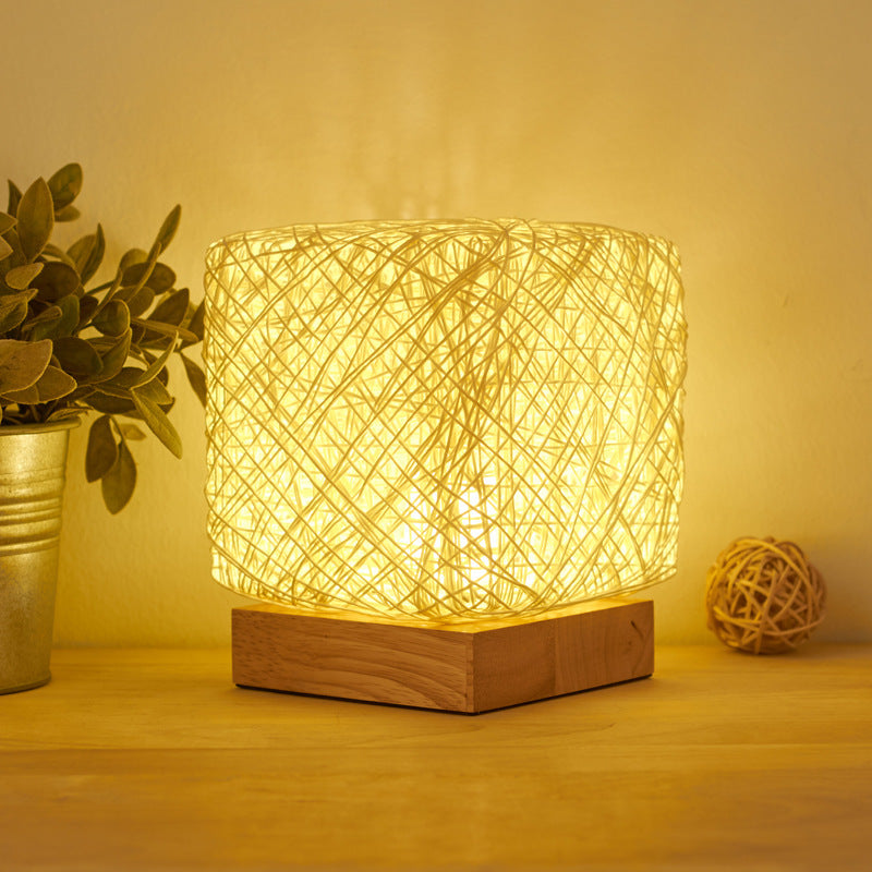 Hand-Knit Dimmable Square LED Desk Lights Wood House DealSniper.net Beige Button base