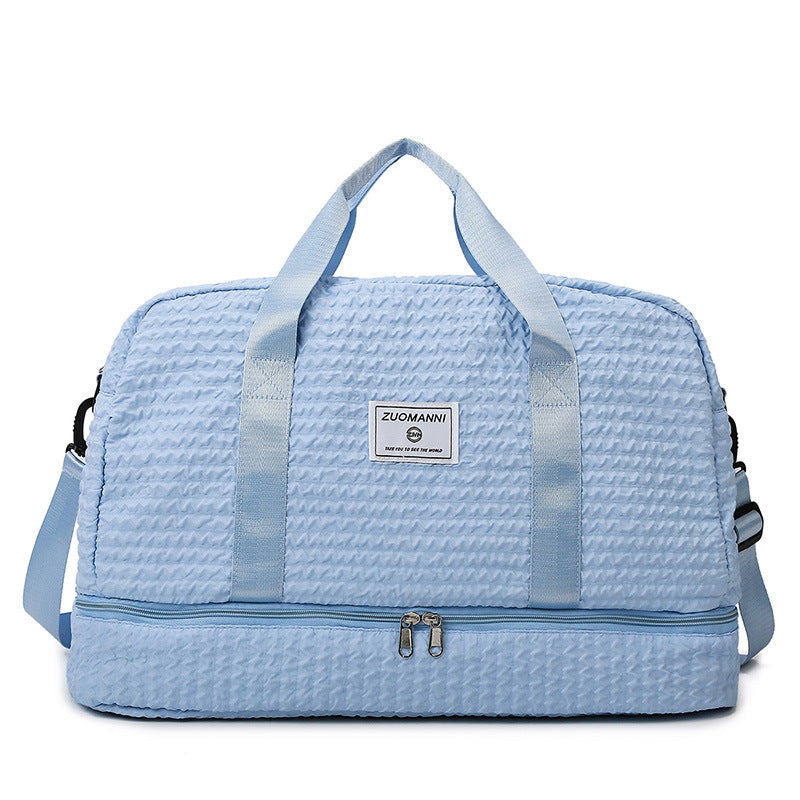 Solid Color Travel Duffle Bag With Ruched Design Portable Luggage Bag Dry And Wet Separation Fitness Gym Shoulder Bag For Weekender Overnight Handbags Women Travel DealSniper.net Blue