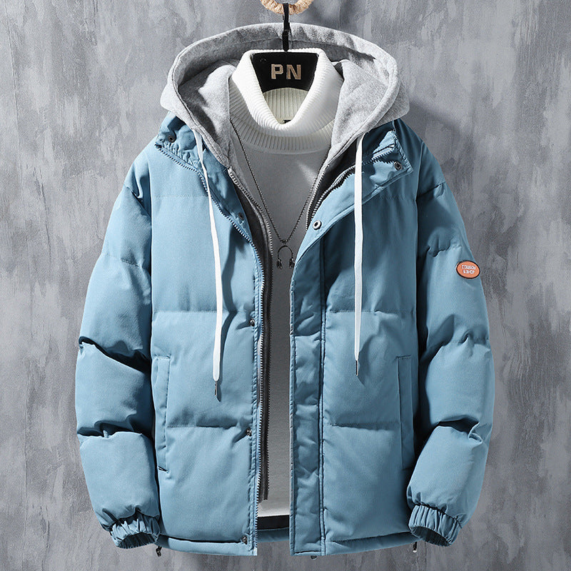 Fashion Hooded Jacket Men Winter Windproof Thickened Fake Two-piece Coat Solid Leisure Sports Cotton Jacket Men DealSniper.net Blue 2XL