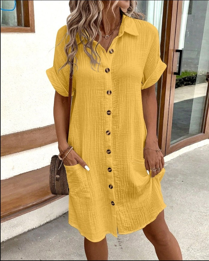 Summer Short Sleeve Shirt Dress Fashion Solid Color Women DealSniper.net Yellow 3XL