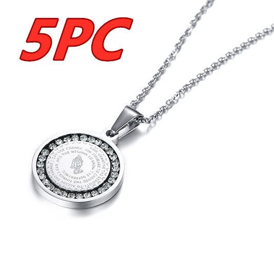 Stainless Steel Rhinestone Prayer English Scripture Pendant Jewelry DealSniper.net Silver 5PCS