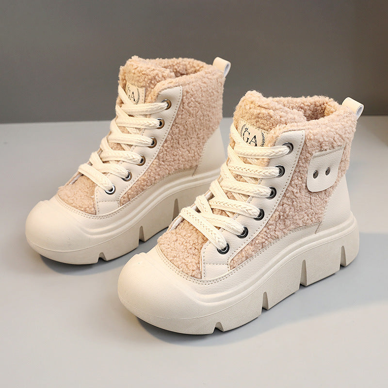 Lace-up High-top Flat Shoes For Women Winter Warm Cashmere Women DealSniper.net Khaki Size35