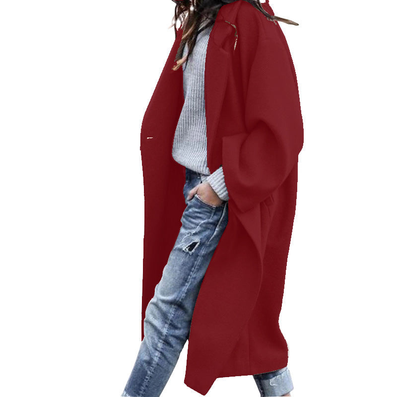 Casual Long Jacket With Pockets Solid Color Single Breasted Lapel Women DealSniper.net Wine Red L