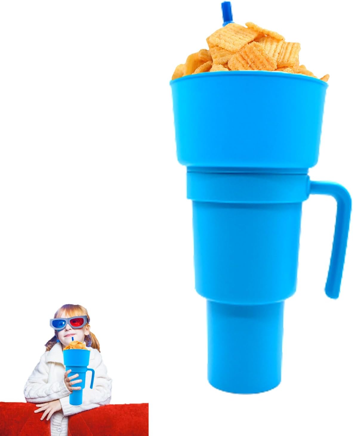5 Pcs Stadium Tumbler With Snack Bowl, 2 In 1 Travel Cup With Snack Bowl, Cup Snack With Bowl On Top And Straw, Leak Proof Snack Cup And Bowl Combo 32oz Blue, Orange, Pink, Green, Yellow Kitchen DealSniper.net Blue