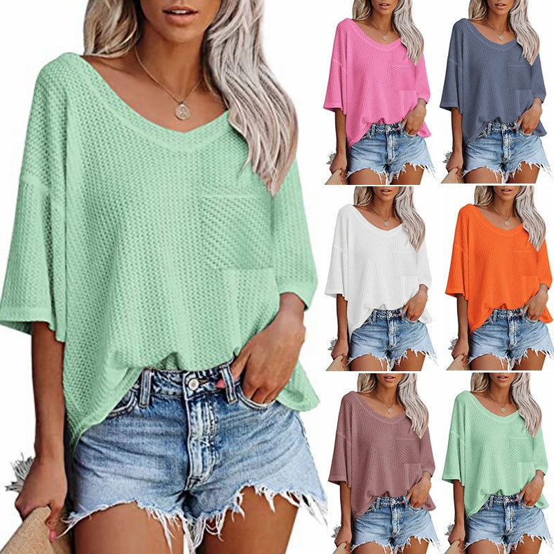 V-neck Shirts Women Summer Short Sleeve Green Tops With Patched Pocket Women DealSniper.net