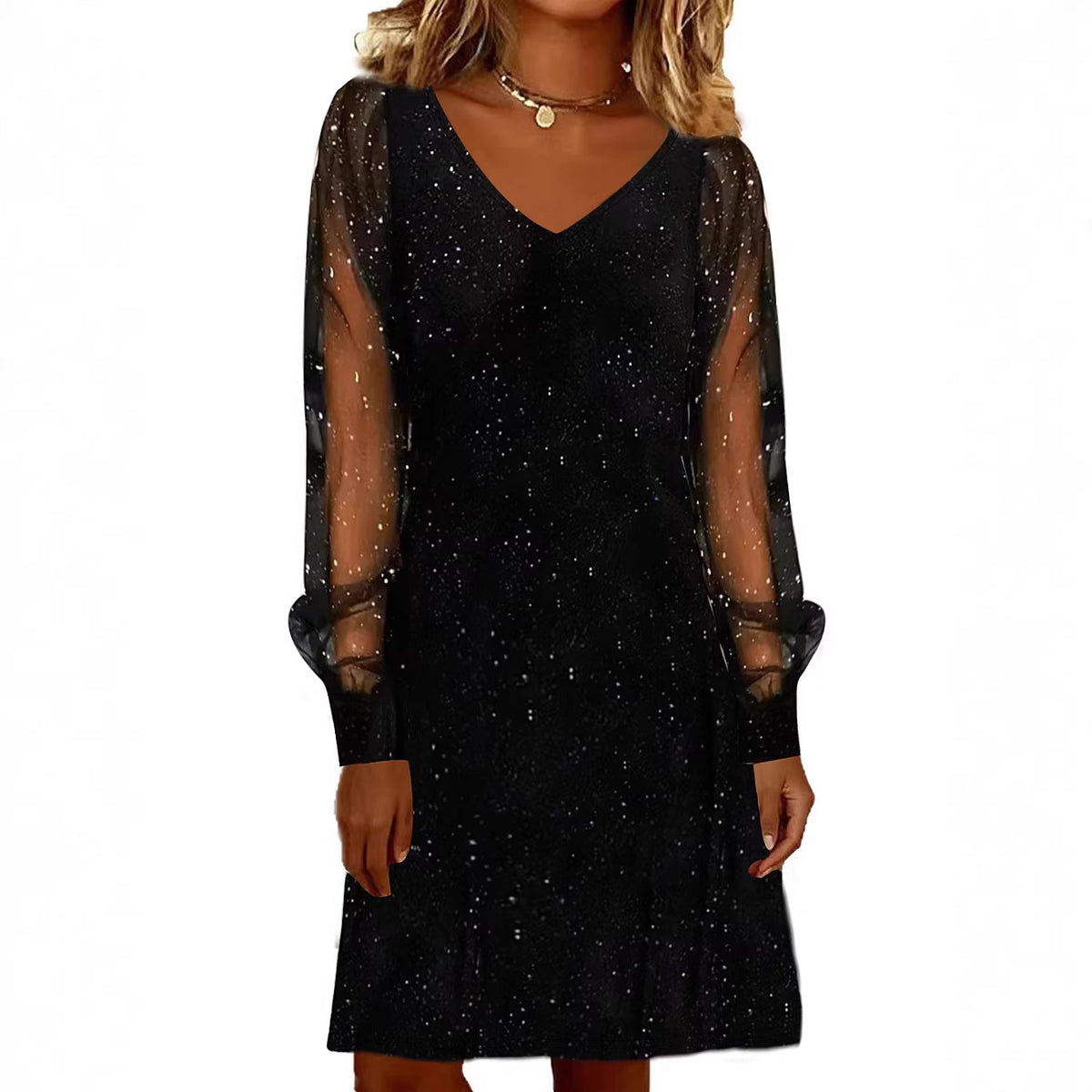 Elegant Women Dress V Neck Shiny And Glowing Mesh Sleeve Women DealSniper.net