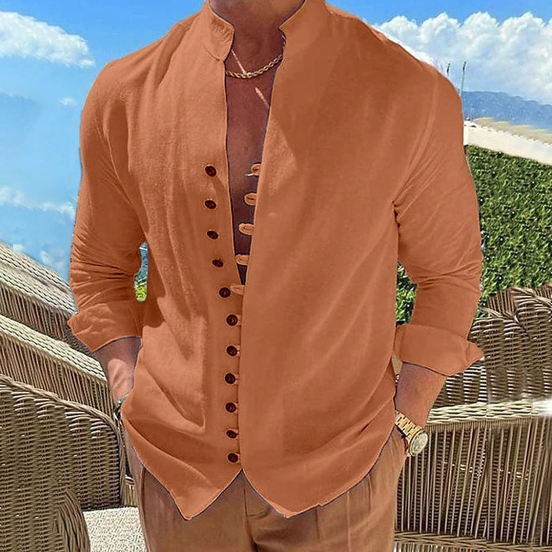 Retro Button Design Long-sleeved Shirt Men's Casual Loose Men DealSniper.net Orange L