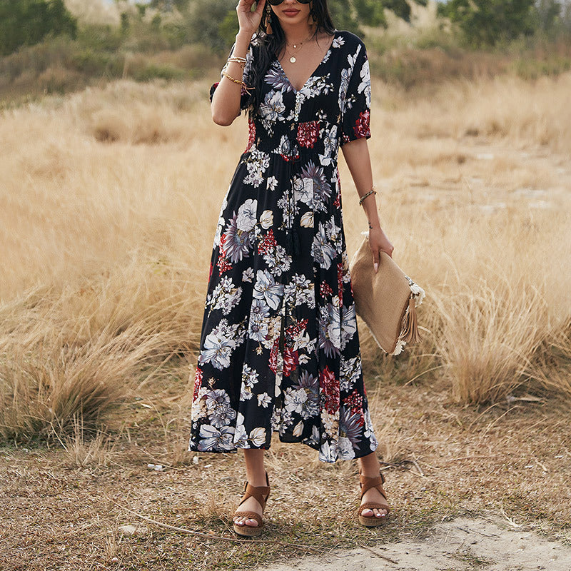 Floral Summer Beach Dress With V Neck Elastic Waist Dresses For Women Women DealSniper.net