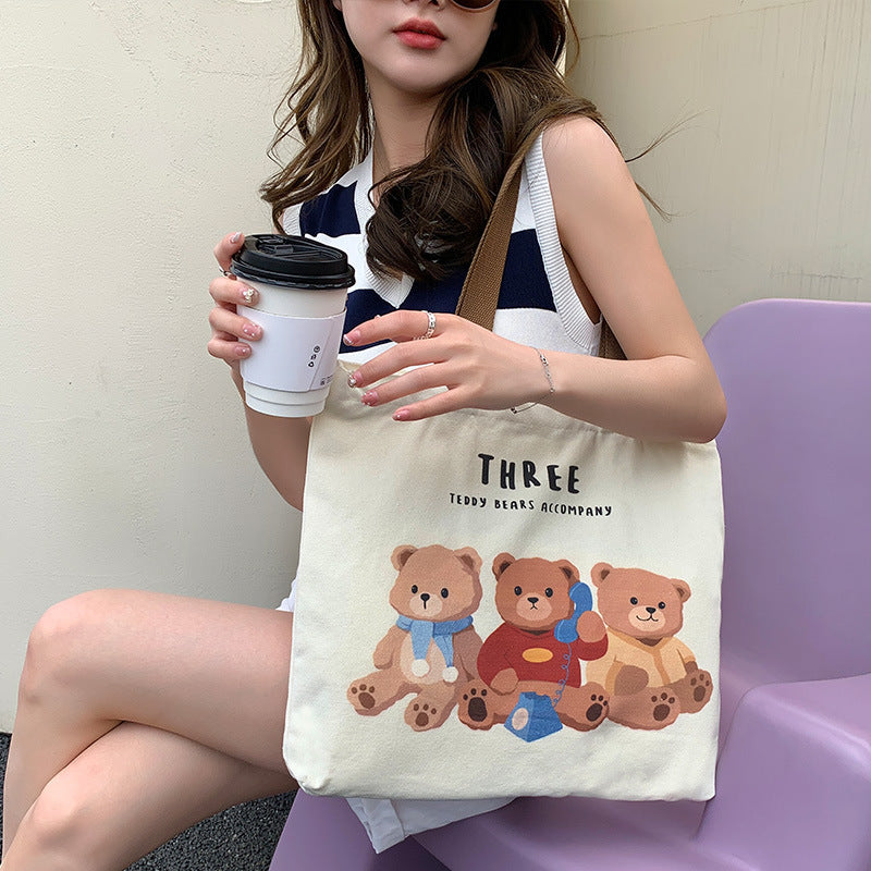 Cute Bear Printed Canvas Bag Women All-match Shoulder Bags Student Large Capacity Daily Handbags Women DealSniper.net