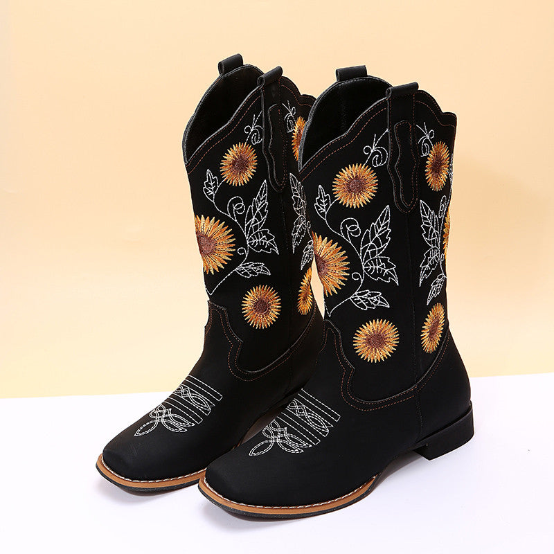 Cowboy Boots Women Sunflower Embroidery Shoes Low Heel Western Boot Women DealSniper.net Black Size35