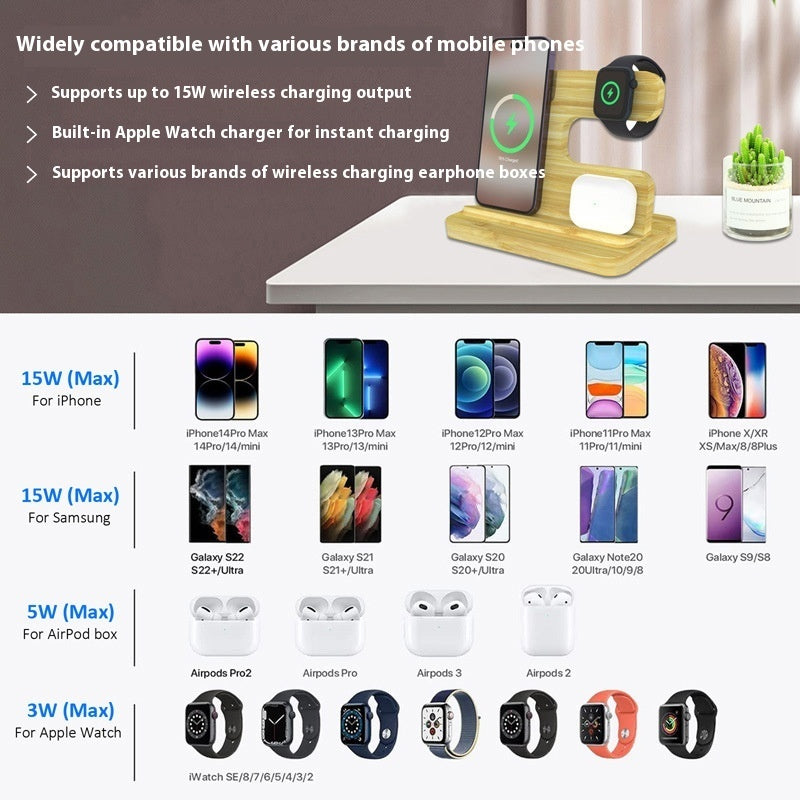 Bamboo Three-in-one Wireless Charger Bracket Gadgets Gym From House