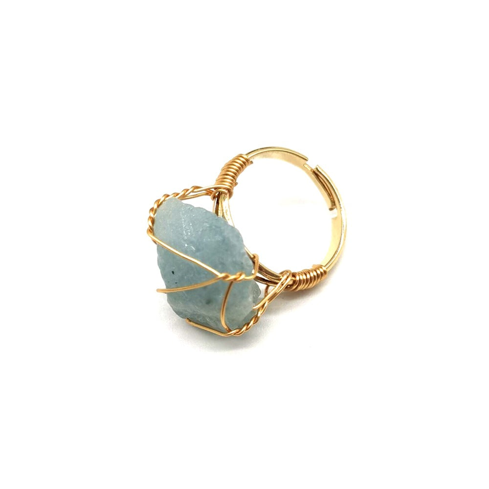 Personality Hand Wrapped Rough Stone Agate Ring Jewelry DealSniper.net Sea blue adjustable