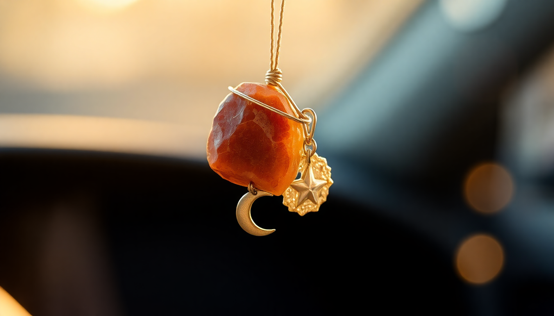 Discover the Celestial Charm: Handmade Double Natural Raw Stone Hanging Car Ornament