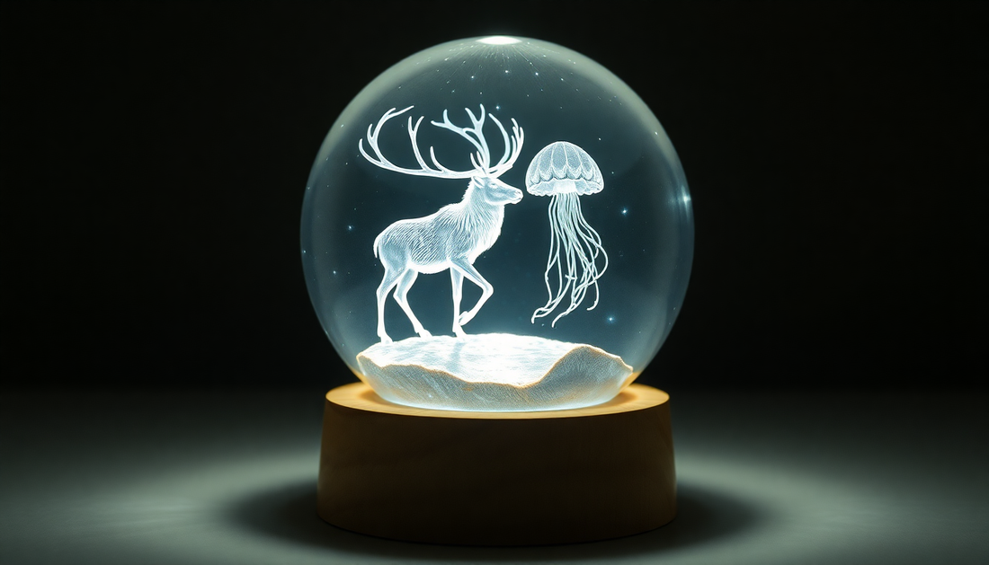 Illuminate Your Nights with the Enchanting Beech Crystal Ball 3D Laser Engraved Elk Jellyfish LED Nightlight