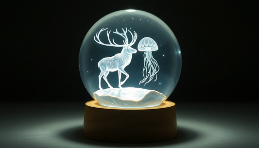 Illuminate Your Nights with the Enchanting Beech Crystal Ball 3D Laser Engraved Elk Jellyfish LED Nightlight
