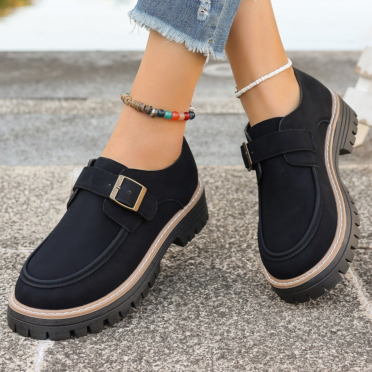 Fashion Buckle Loafers For Women British Style Height-increasing