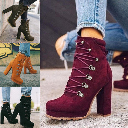 Heeled Boots For Women Round Toe Lace UP High Heels Boots Mid Calf Shoes Women dealsniper-net