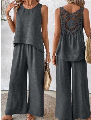 2 Pieces Set Women's Sleeveless Solid Color Back Hollow Lace Suit Women Gym From House Grey L