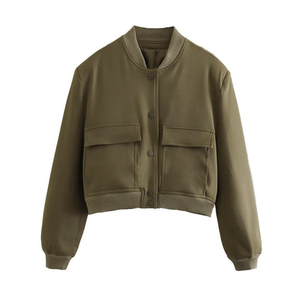 Autumn Y2g Stand Collar Double Pocket Biker Pilot Jacket Top Women dealsniper-net Olive Green L