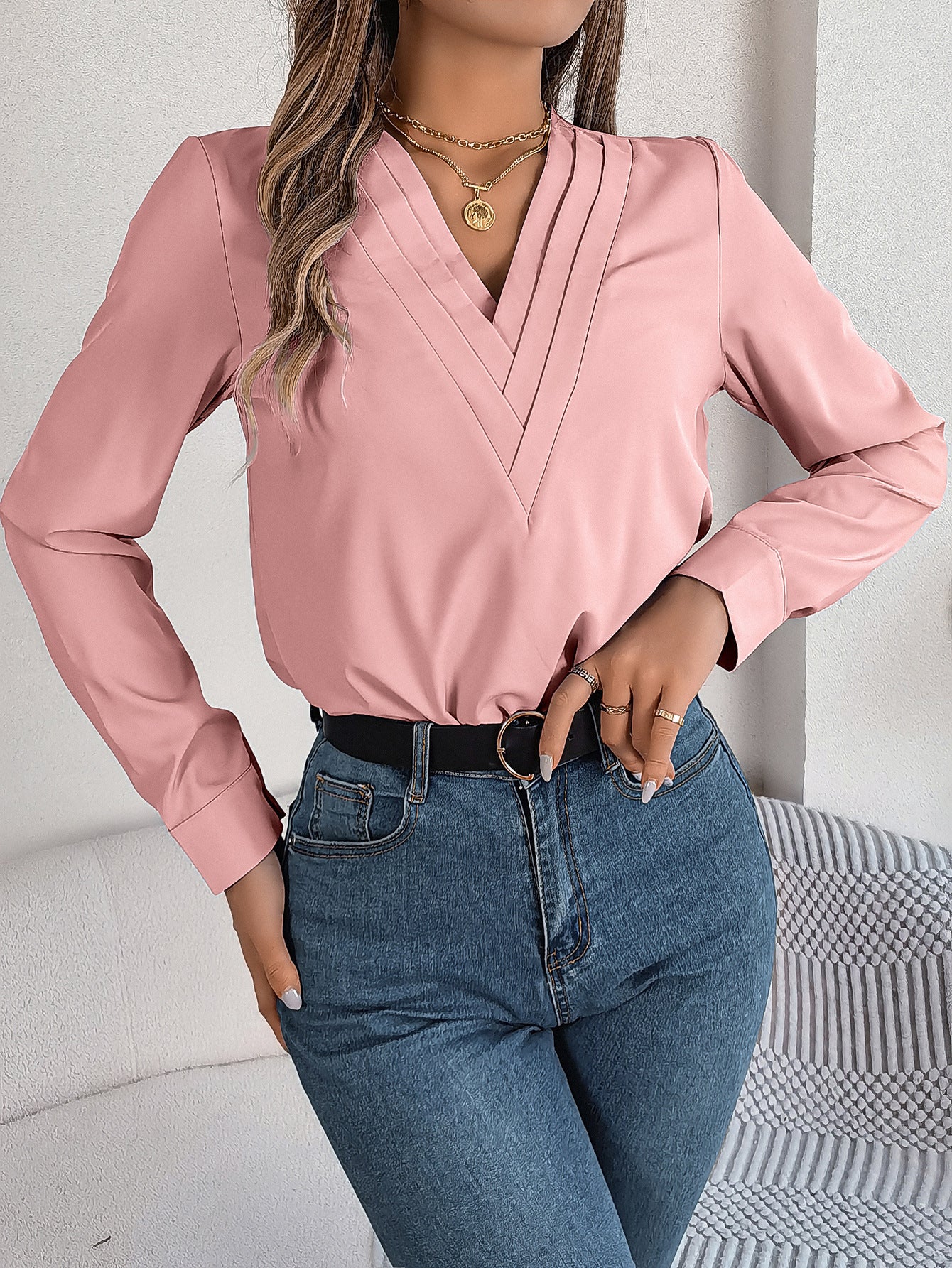 Fashion V-Neck Long Sleeve Shirt Elegant Commuter Women dealsniper-net Pink L