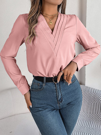 Fashion V-Neck Long Sleeve Shirt Elegant Commuter Women dealsniper-net Pink L