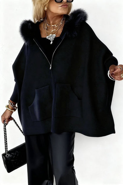 Ins Plush Hooded Cardigan Fashion Warm Pockets Zip-up Knitted Jacket Women null Black L
