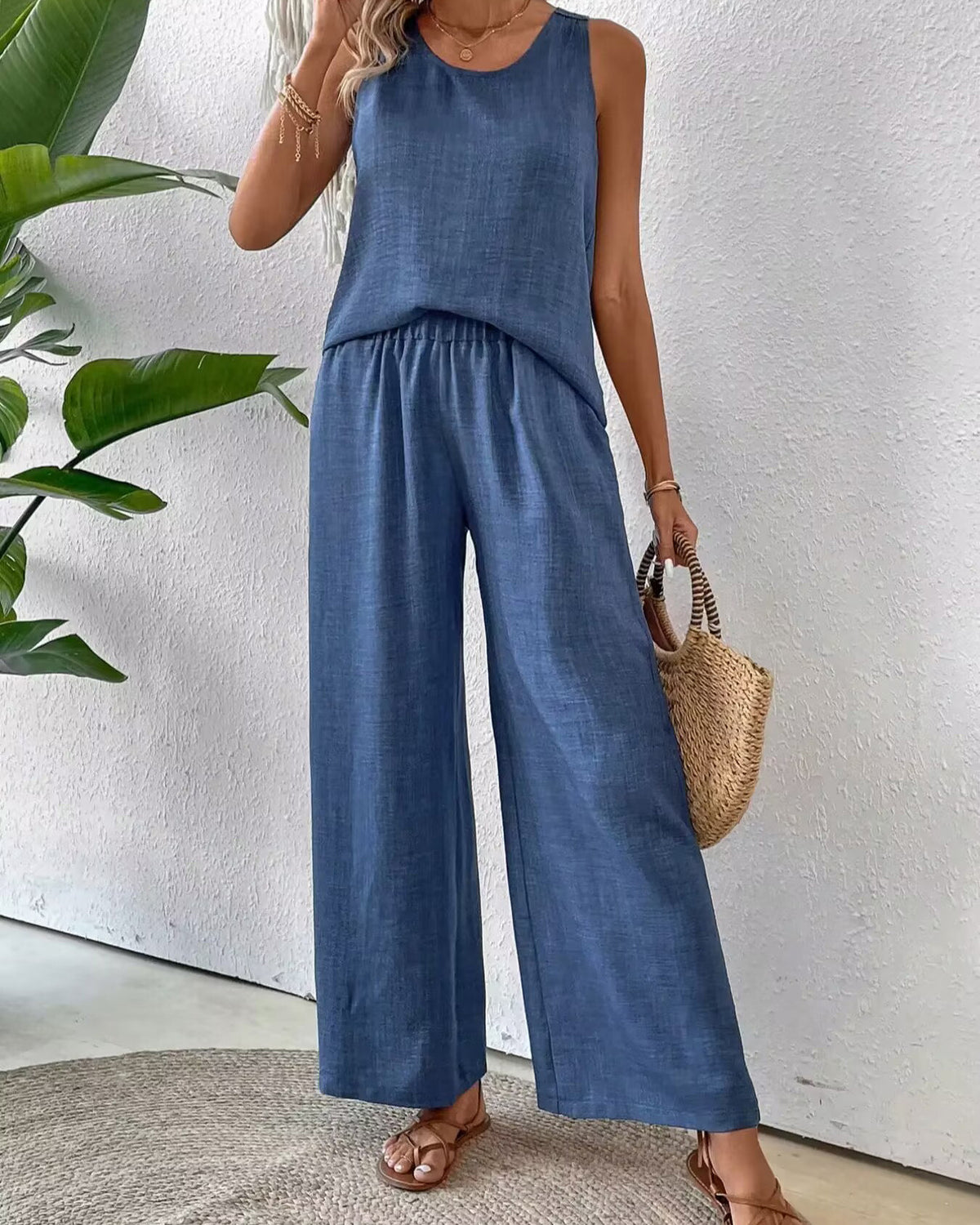 2 Pieces Set Women's Sleeveless Solid Color Back Hollow Lace Suit Women Gym From House Blue L