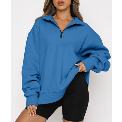 Women Sweatshirts Zip Turndown Collar Loose Casual Tops Clothes Women dealsniper-net Blue 3XL