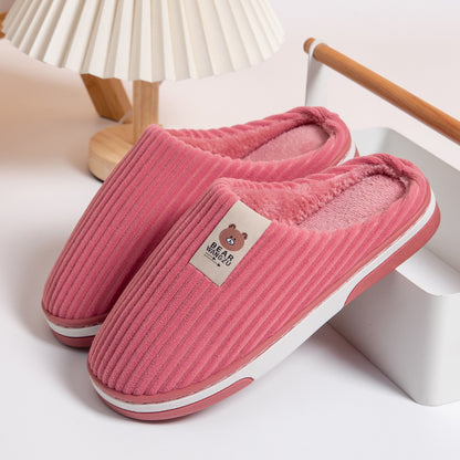 Solid Color Striped Slippers For Women Thick-soled Anti-slip Indoor Warm Plush Home Shoes Couple Women Men Slipper Winter Women dealsniper-net Pink 36to37