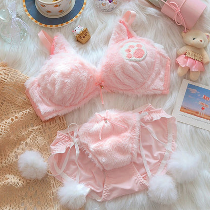 Moon Rabbit Girl Plush Bra Panties Set Kids DealSniper.net Pink Cat Fur Ball L
