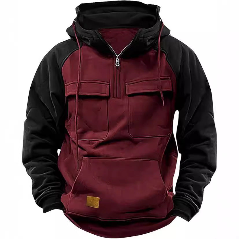 Fall Winter Retro Cargo Hoodies Men's Half Zipper Sweatshirts Men null