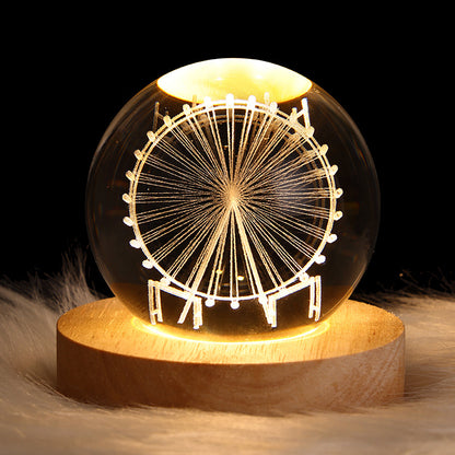 LED Night Light Galaxy Crystal Ball Table Lamp 3D House dealsniper-net Solid Wood Seat Ferris Wheel 6CM USB