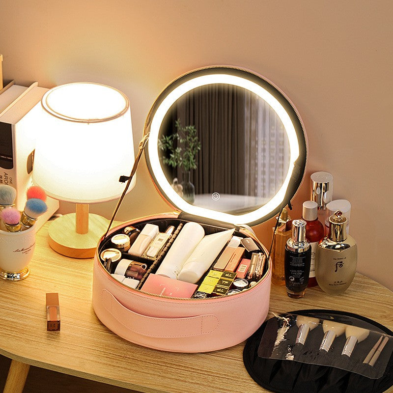 Round Smart LED Makeup Bag With Mirror Lights Women Beauty Bag Large Capacity PU Leather Travel Organizers Cosmetic Case Beauty DealSniper.net