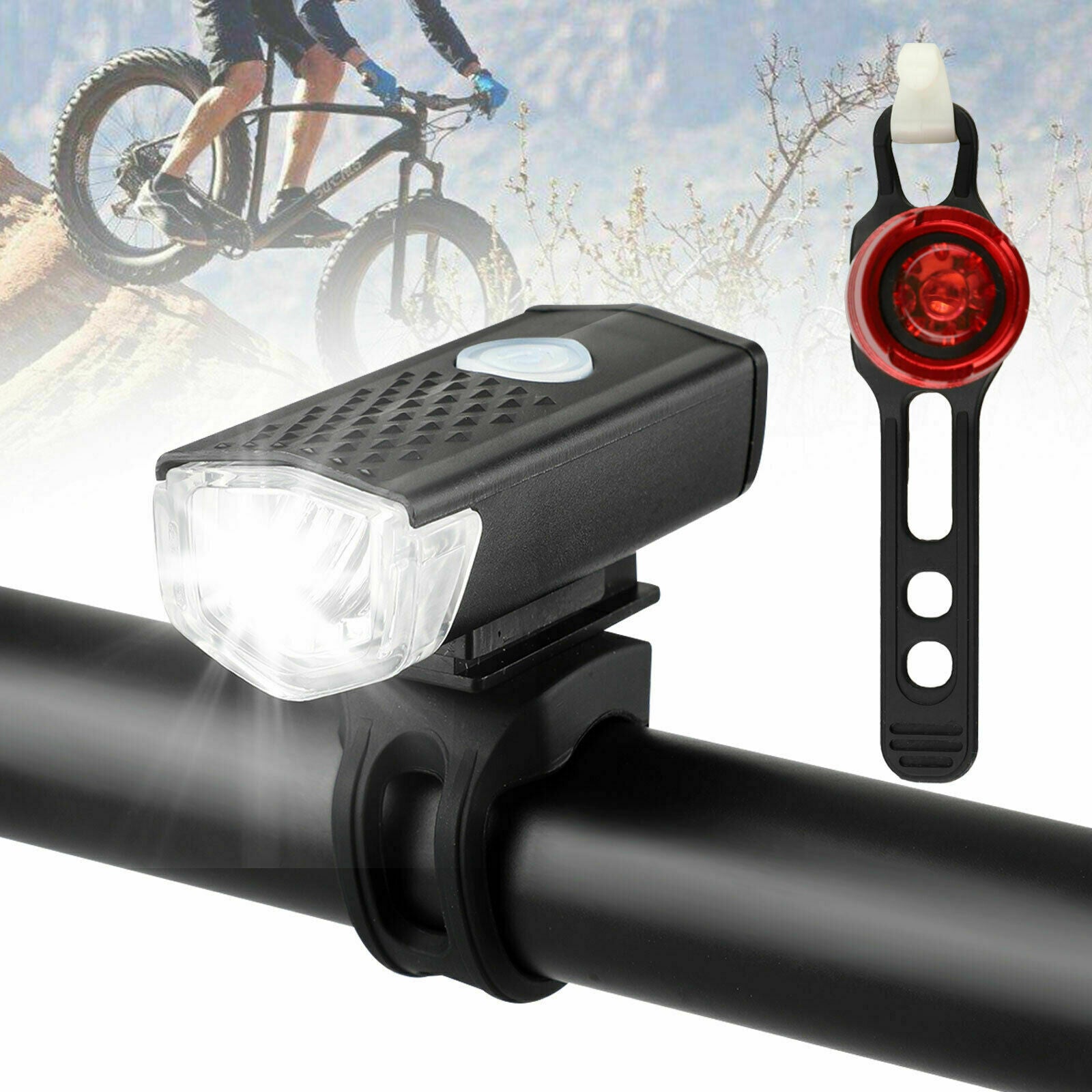 USB Rechargeable LED Bicycle Headlight Bike Head Light Front Rear Lamp Cycling Vehicle dealsniper-net