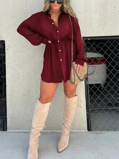 Women's Long Sleeve Jumpsuit With Button Fashion Shirt Dress Women dealsniper-net