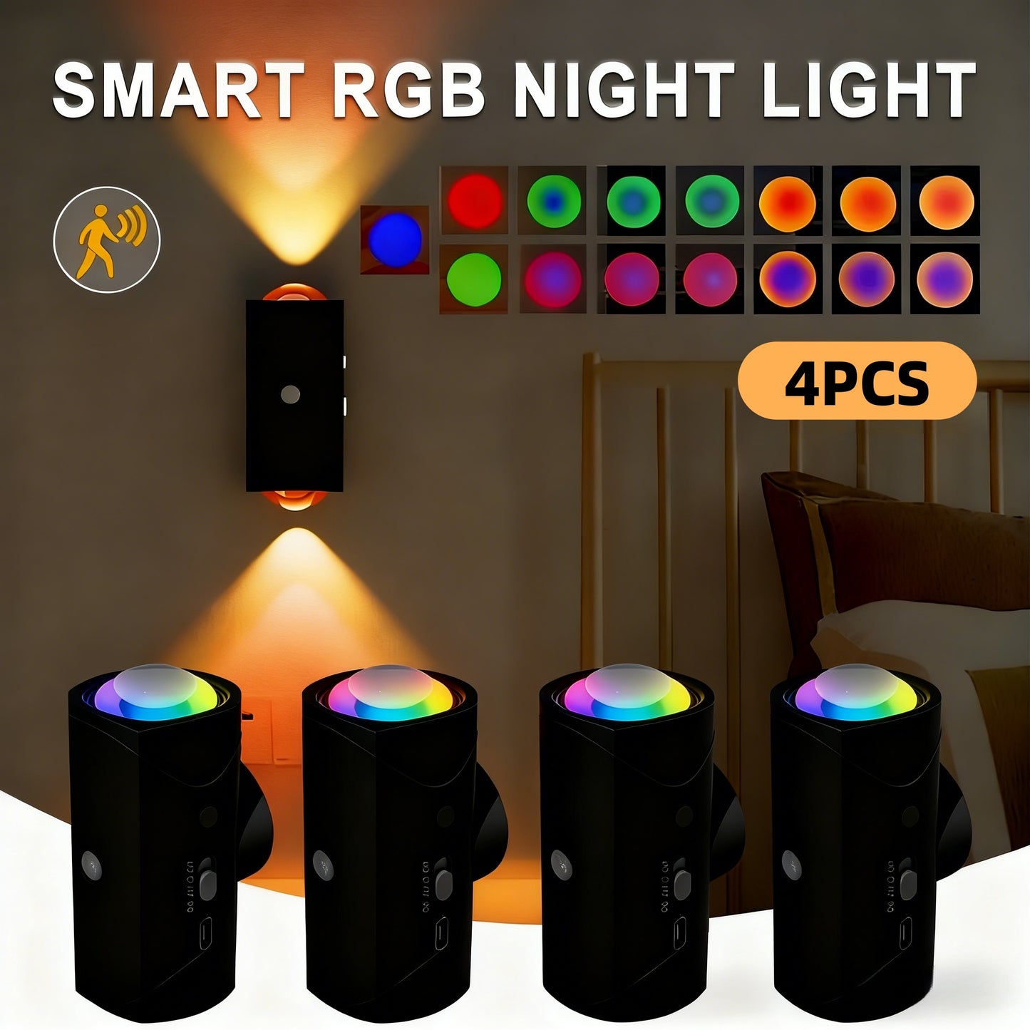 4PCS Color-sensing Motion Night Lights, Wall Lights Cabinet Lights Outdoor Gym From House Black shell 4PCS