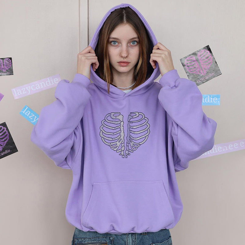 Trendy Skeleton Rhinestone Loose Hooded Sweater Women Gym From House Purple Y23TP428 L