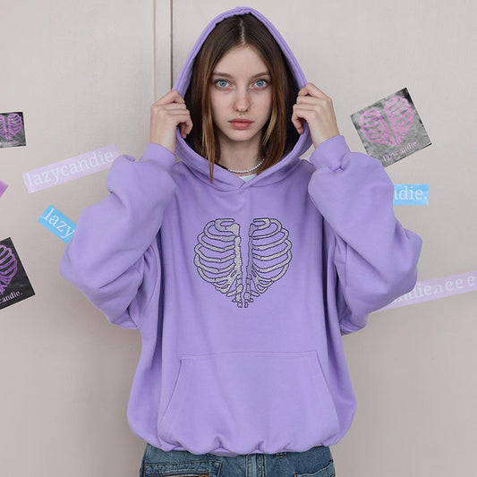 Trendy Skeleton Rhinestone Loose Hooded Sweater Women Gym From House Purple Y23TP428 L
