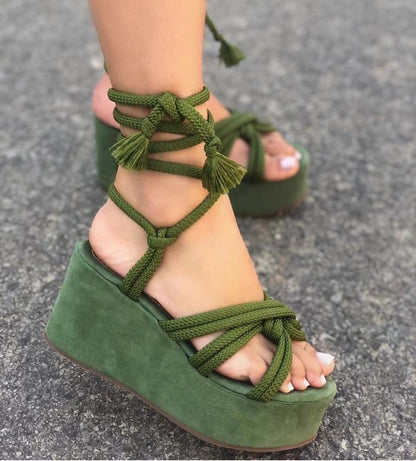 Summer Women Wedges Shoes High Heel Strappy Sandals Women dealsniper-net Green Size36