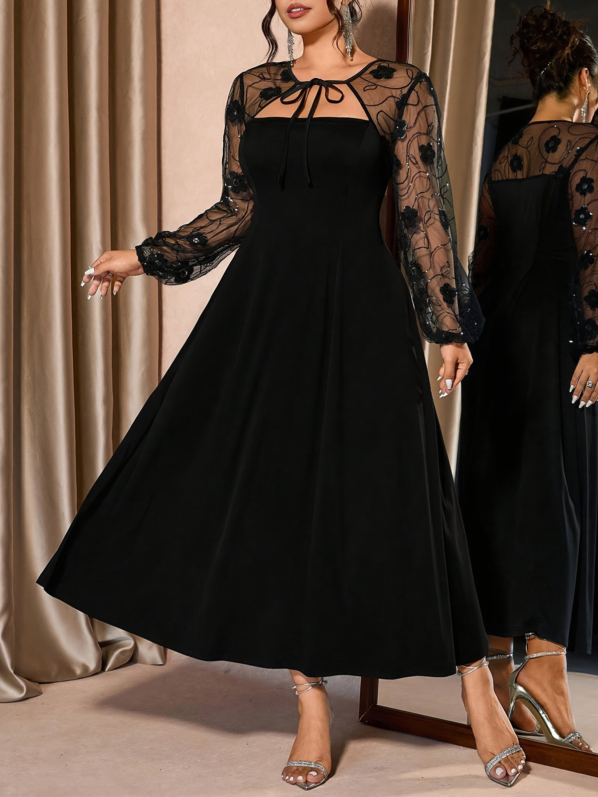 Summer Plus Size Square Neck Mesh Spliced Midi Dress Elegant Casual Women Gym From House