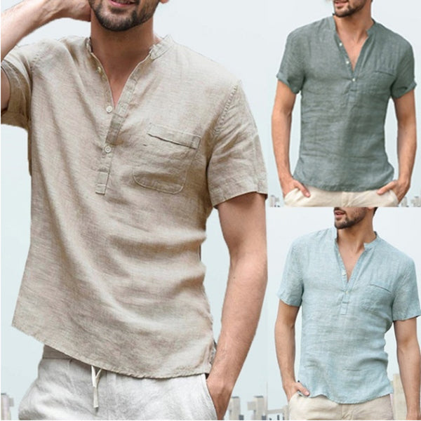 Casual Linen Solid Color Shirt Button V Neck Beach Shirt Men Summer Tops Men DealSniper.net