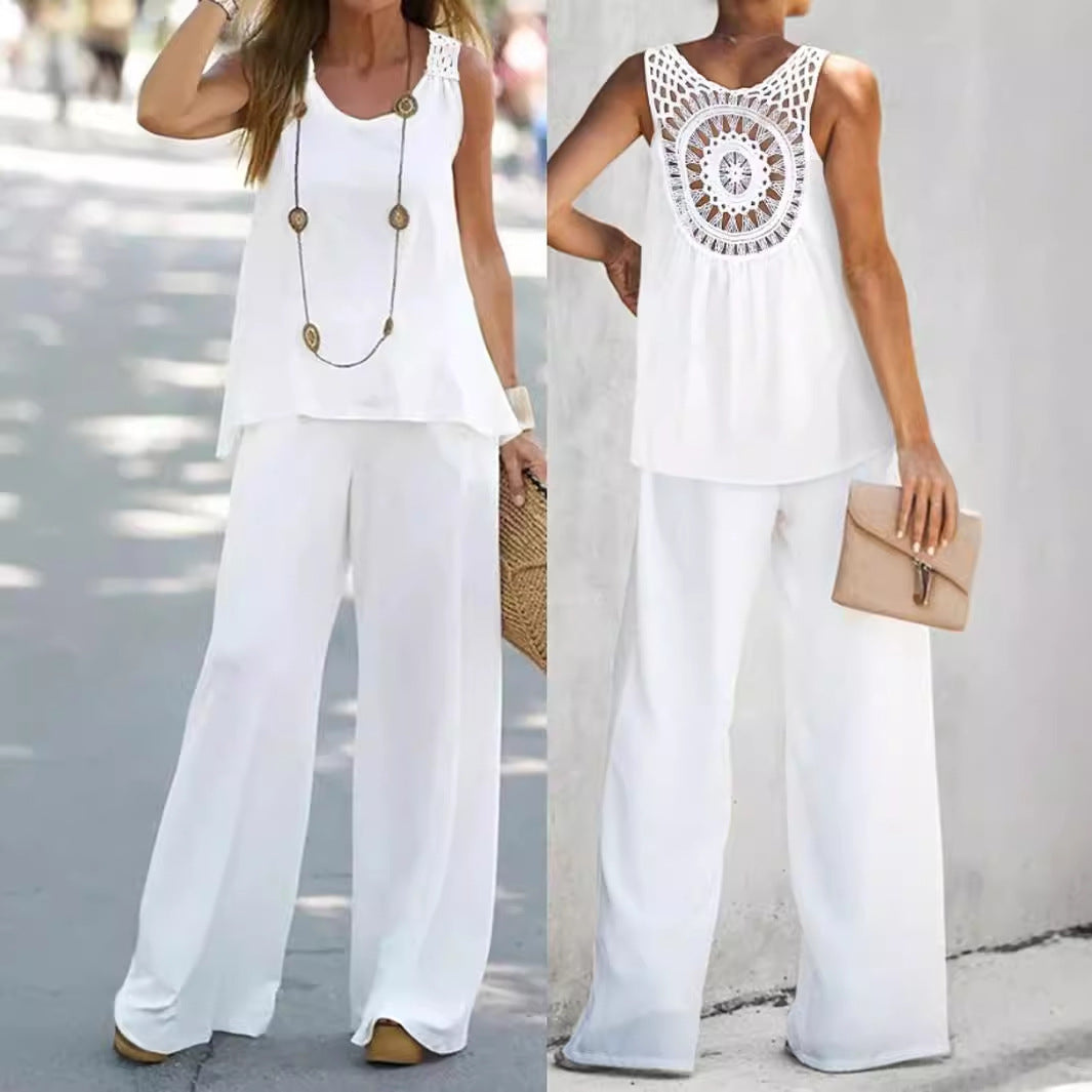 2 Pieces Set Women's Sleeveless Solid Color Back Hollow Lace Suit Women Gym From House