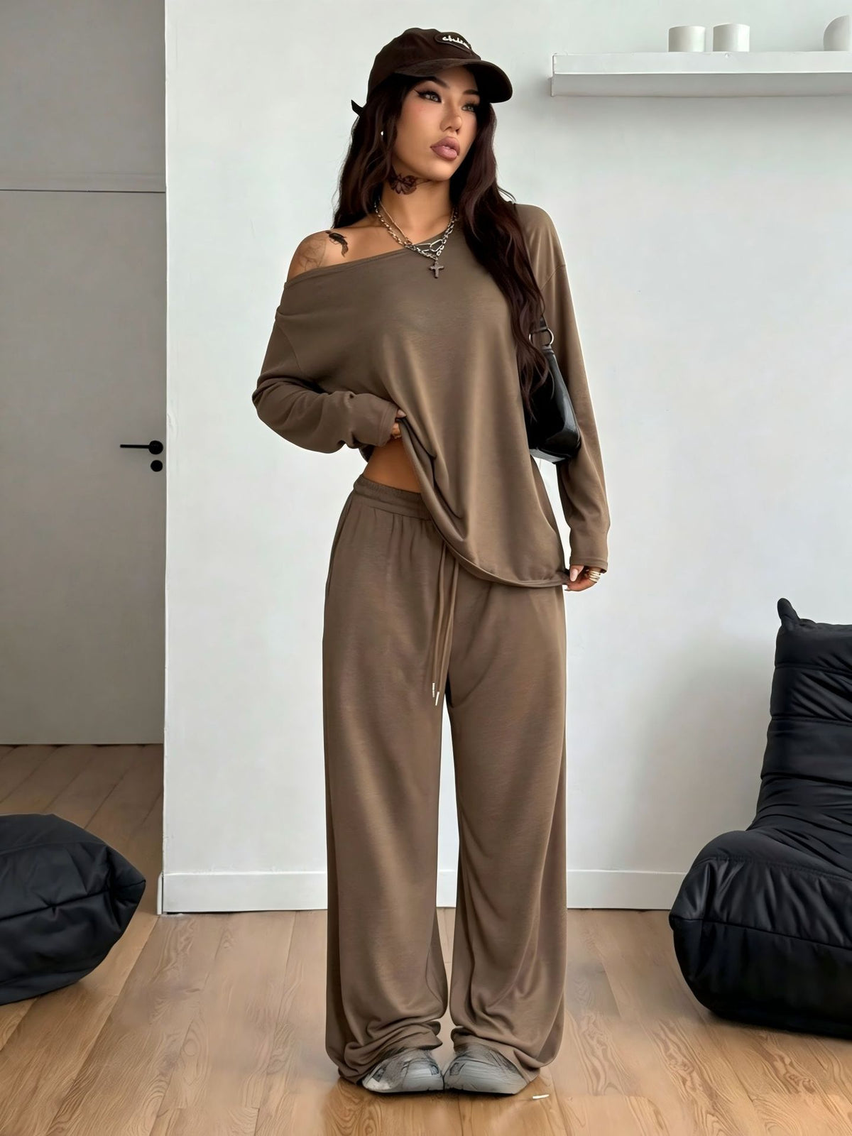 2 Pieces Set Women's Long Sleeve Solid Color T-Shirt Tees Women Gym From House Dark Coffee Color 2XL
