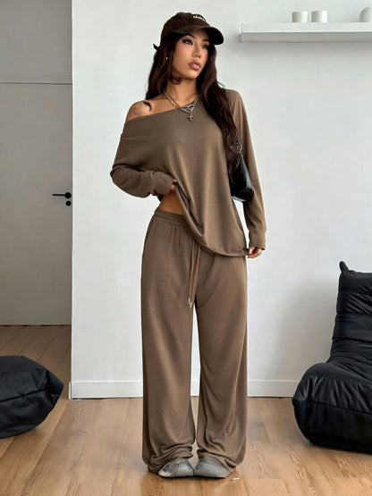 2 Pieces Set Women's Long Sleeve Solid Color T-Shirt Tees Women Gym From House Dark Coffee Color 2XL
