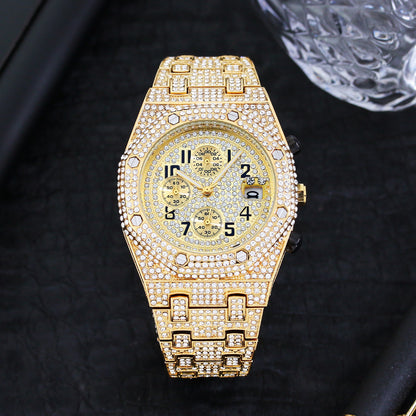 Full Diamond Three-eye Timing Sports Quartz Men's Watch Jewelry dealsniper-net