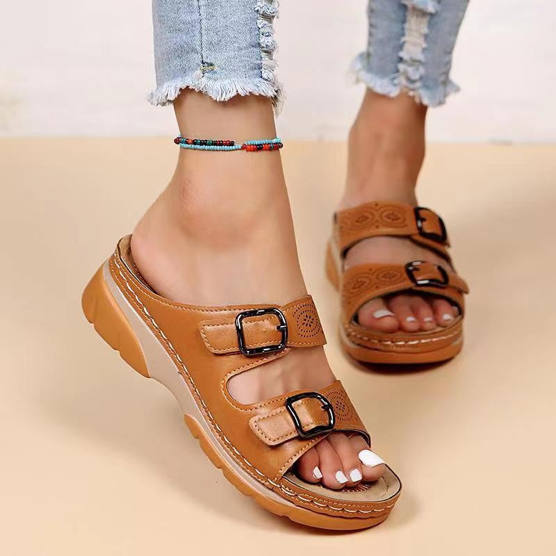 Double Buckle Slippers Women Flat Sandals Summer Women dealsniper-net Khaki Size35