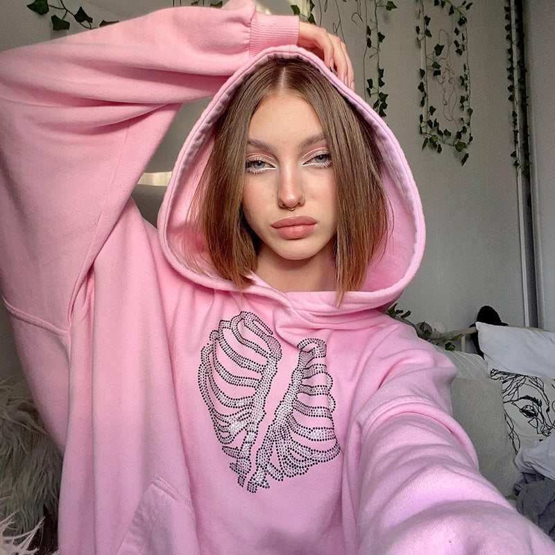 Trendy Skeleton Rhinestone Loose Hooded Sweater Women Gym From House Pink Y23TP428 L